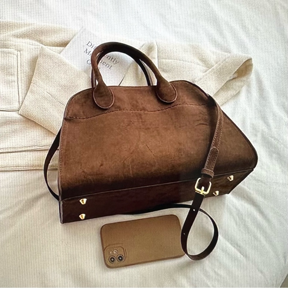 Brown Satchel PU Leather - Handled Tote - Cross Body Tote - Brown Suede Tote - Picture 10 of 12